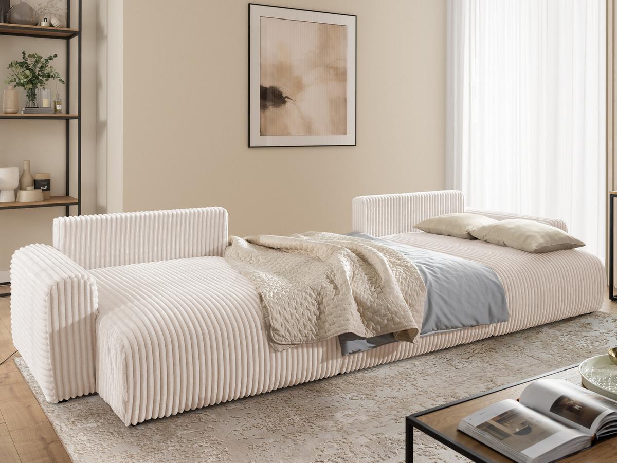 WOHNLANDSCHAFT Calma mit Schlaffunktion und Bettkasten im Bumpy-Design aus weichem Hellbeige Plüschcord - Beige/Schwarz, Holz/Textil (336/88/140cm) - S-Style