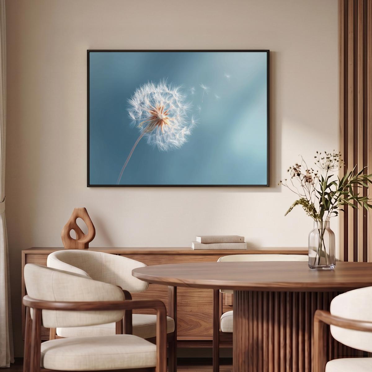 LEINWAND Bilder mit Rahmen - Löwenzahn - Wind - Blau - 100x70 - Blaugrau, Textil (100/70cm) - MuchoWow