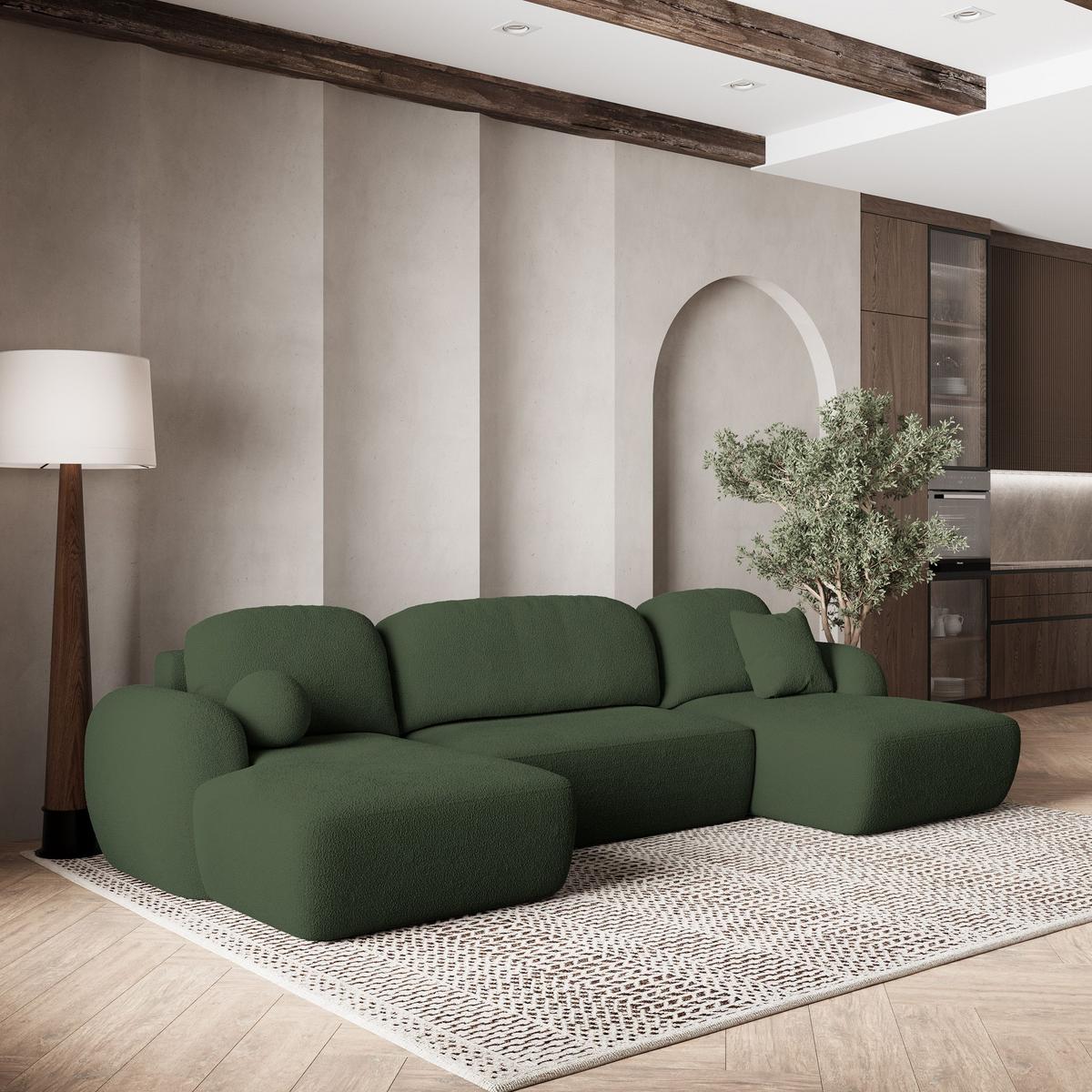WOHNLANDSCHAFT SAVONA N Grün Boucle-Stoff mit Schlaffunktion - Schwarz/Grün, Holz/Kunststoff (320/90/148cm) - MASSENO