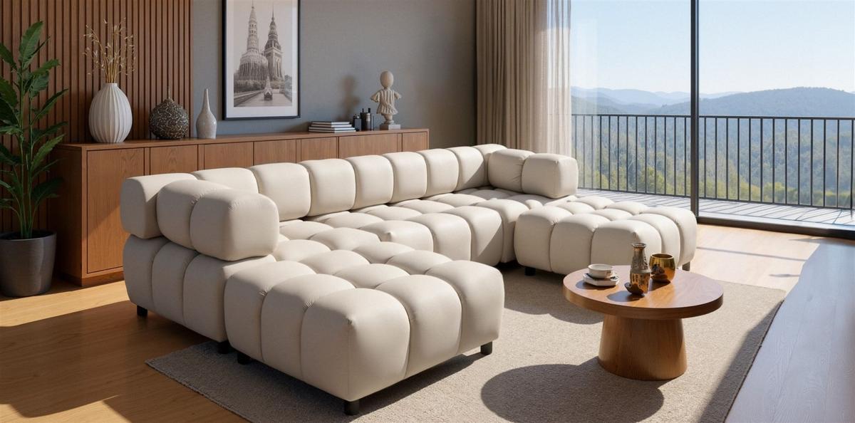 SOFA 3-sitzer Und 2-polsterhocker Flow - Creme, Holzwerkstoff/Textil (288/71/96cm) - Fun Möbel