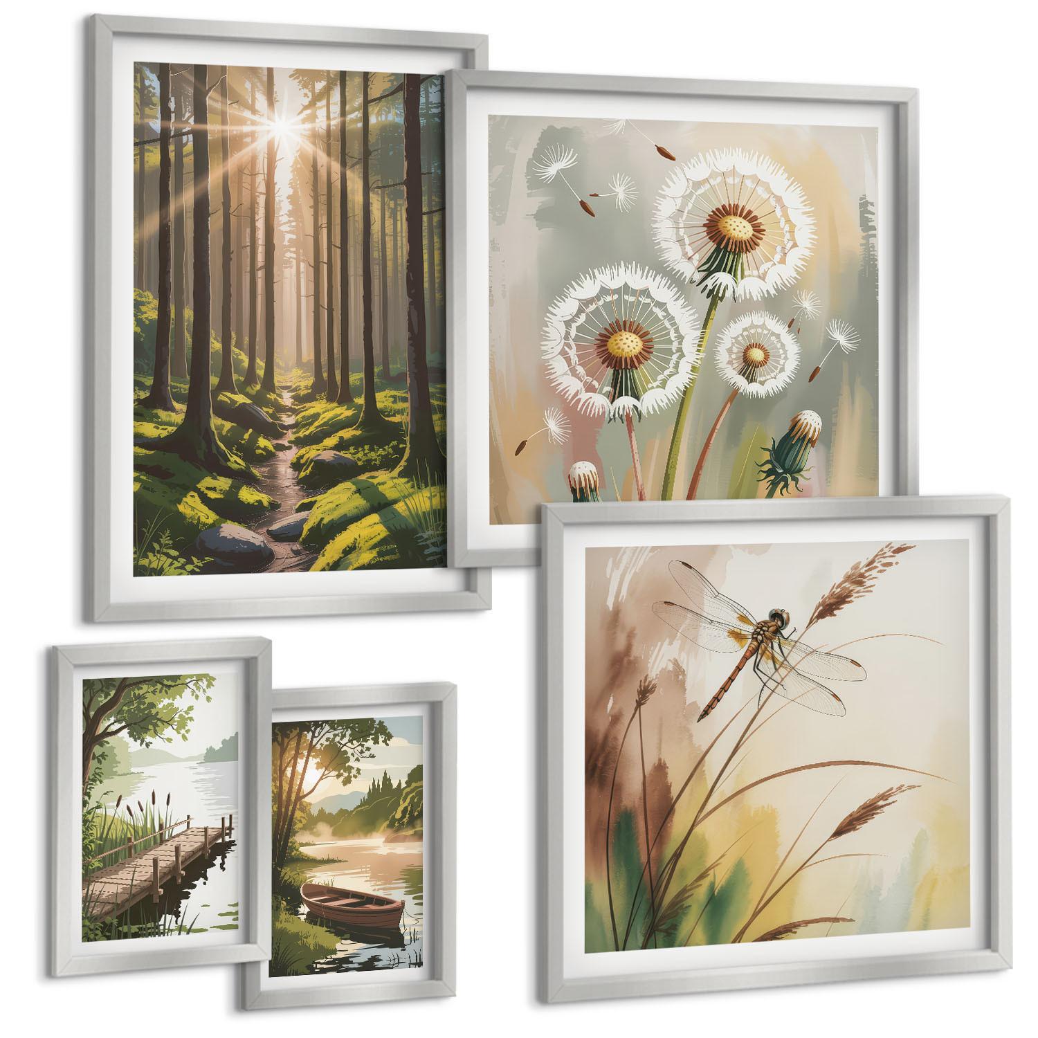 BILDER SET 5er Set - 50x50 cm & 20x30 cm & 40x60 cm Silberner Rahmen - See, Wald, Boot, Morgennebel - Silberfarben, Kunststoff (40/60cm) - TULUP