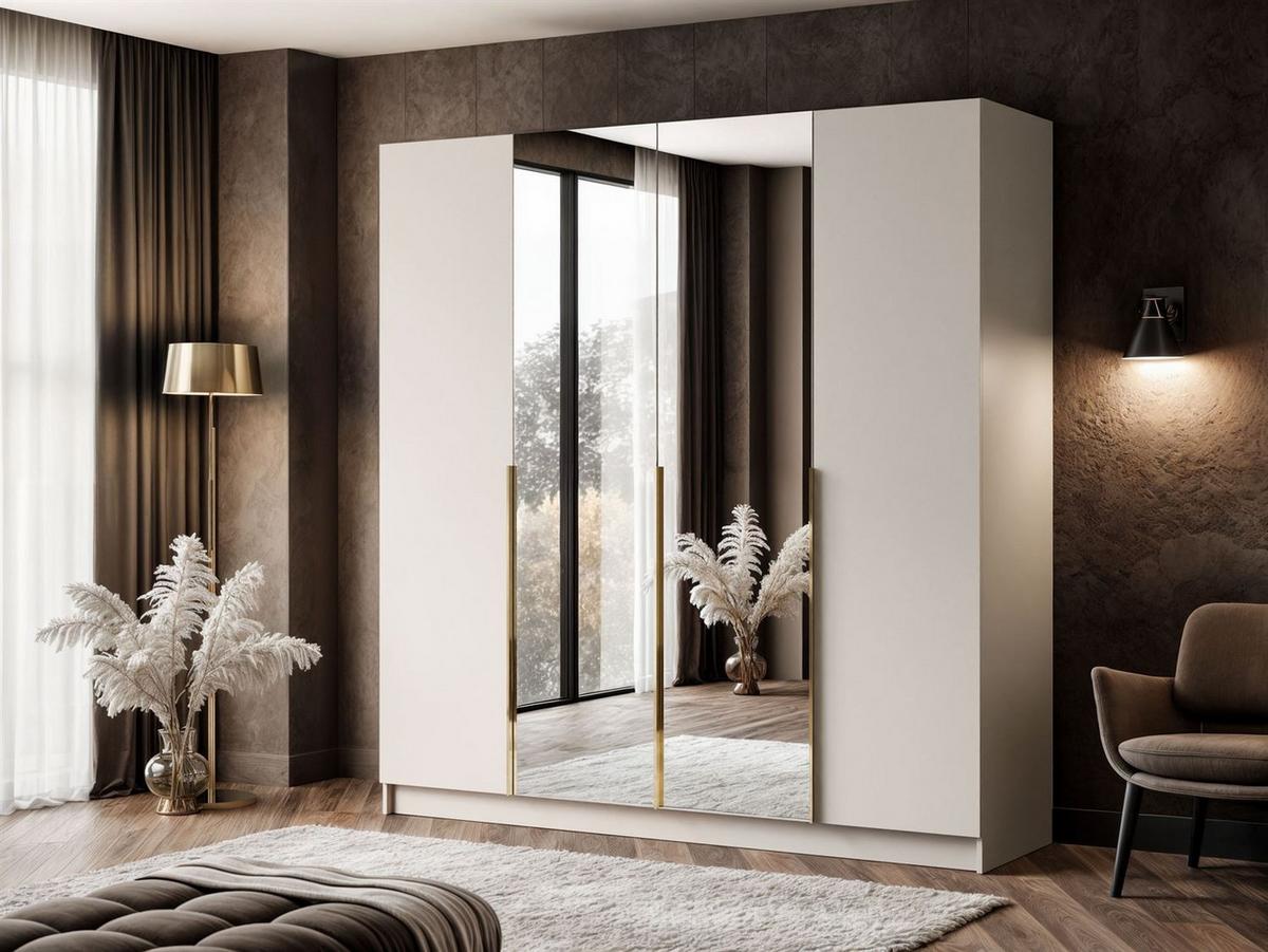 KLEIDERSCHRANK AUREL 4D mit Spiegel mit goldenen Griffen - Kaschmir/Goldfarben, Holzwerkstoff (200/200/57cm) - Lookway