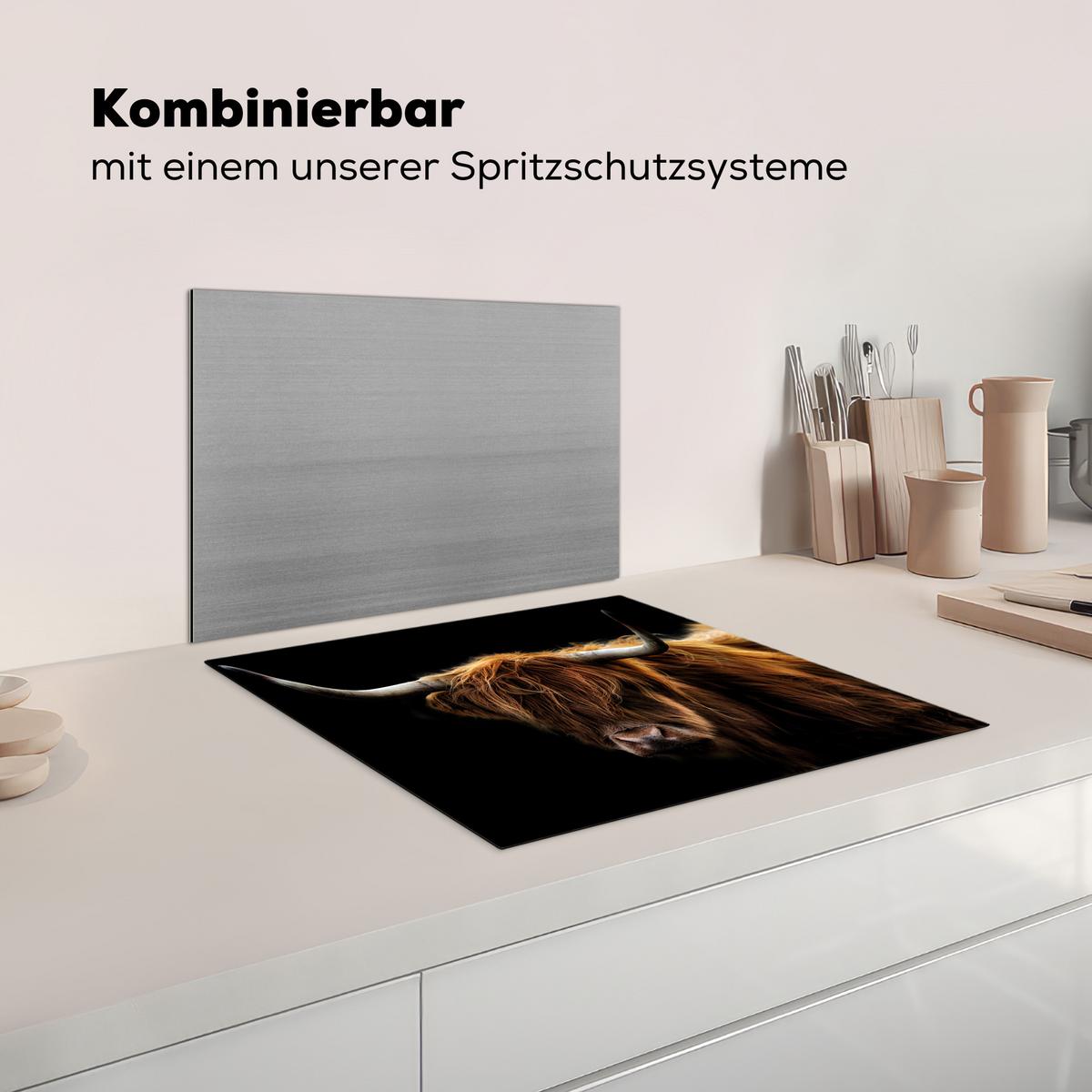HERDABDECKPLATTE Schottischer Highlander - Hörner - Schwarz - Tiere - Natur - Wild - Kuh Abdeckung Ceranfeld 59x51 cm - Cognac, Kunststoff (59/51/0.2cm) - MuchoWow