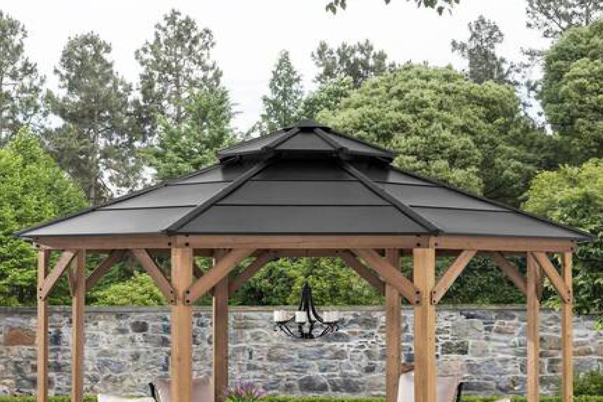 Pavillon Anthrazit Stahl Spitzdach zweistufig wetterfest Dachpaneele