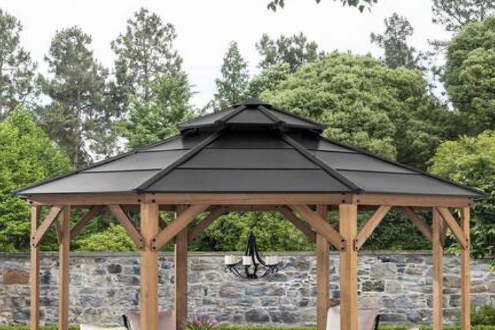 Pavillon Anthrazit Stahl Spitzdach zweistufig wetterfest Dachpaneele