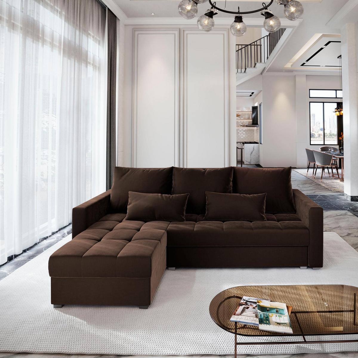 ECKSOFA KOS PIK Braun Plüsch-Stoff mit Schlaffunktion - Braun/Grau, Holz/Kunststoff (220/140cm) - MASSENO