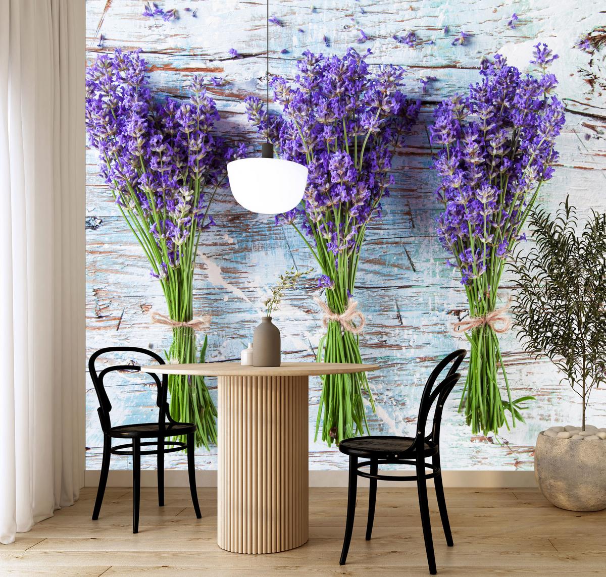 FOTOTAPETE für Küche Lavendelblüten Lila Holz Rustikal 300x210 - Violett/Weiß, Papier (300/210cm) - Muralo