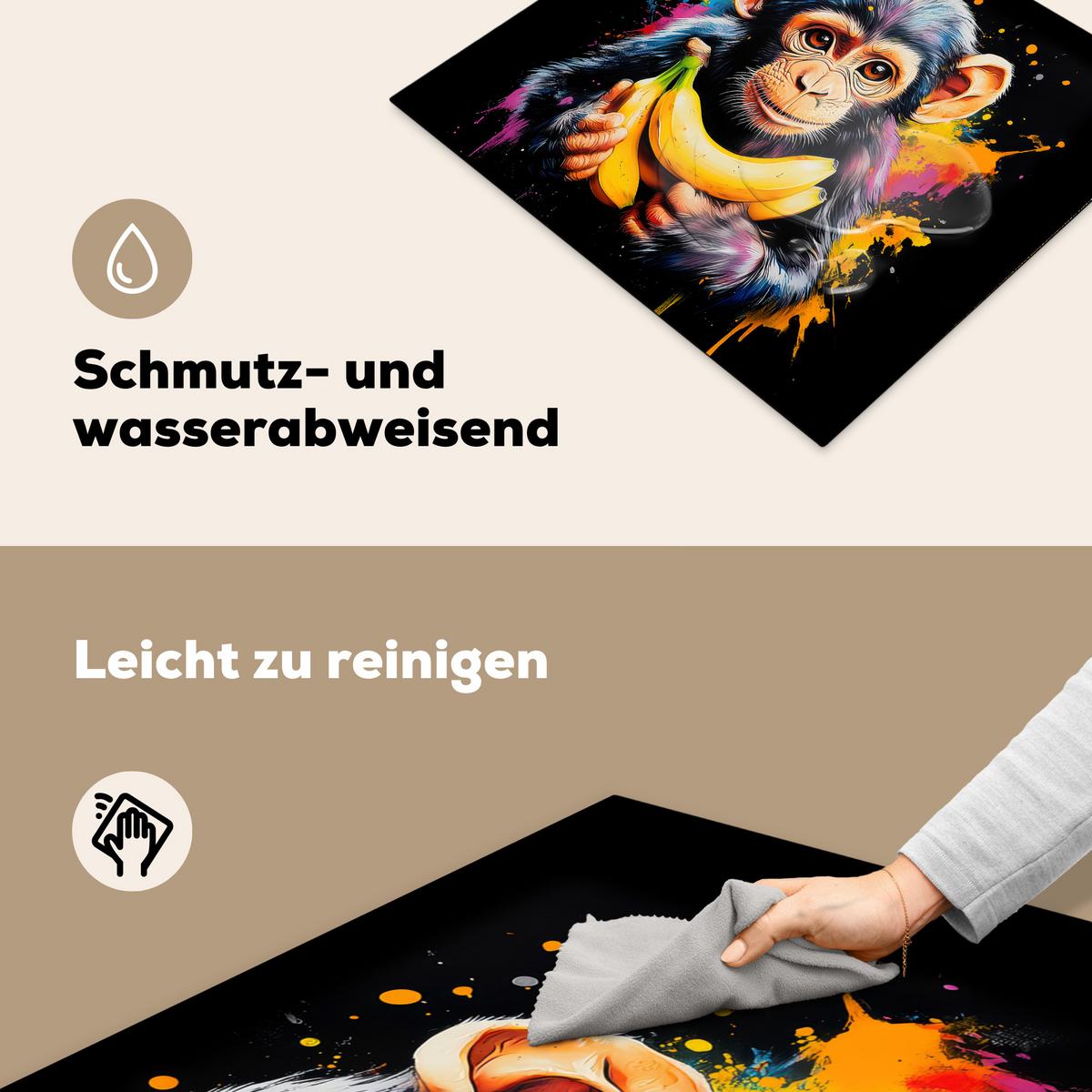 HERDABDECKPLATTE Affe - Graffiti - Farbenfroh - Bananen - Modern Ceranfeldabdeckung 59x52 cm - Gelb, Kunststoff (59/52/0.2cm) - MuchoWow