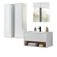 BADMÖBEL-SET weiß Hochglanz, Eiche mit Waschbecken und LED Beleuchtung 160 cm - Weiß Hochglanz/Eichefarben, Glas/Holzwerkstoff (160/190/47cm) - Furn.Design