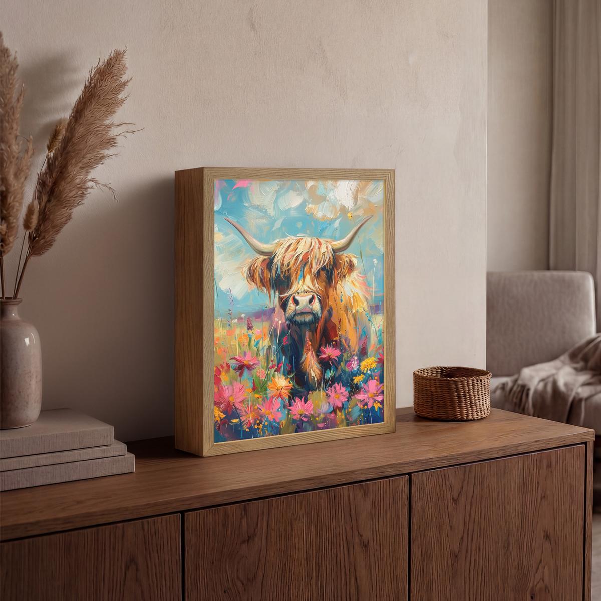 WANDLEUCHTE MIT AKKU Schottische Hochländer - Natur - Farbenfroh - Blumen 30x40 cm - Multicolor, Holzwerkstoff (30/40/8cm) - OnlyWow