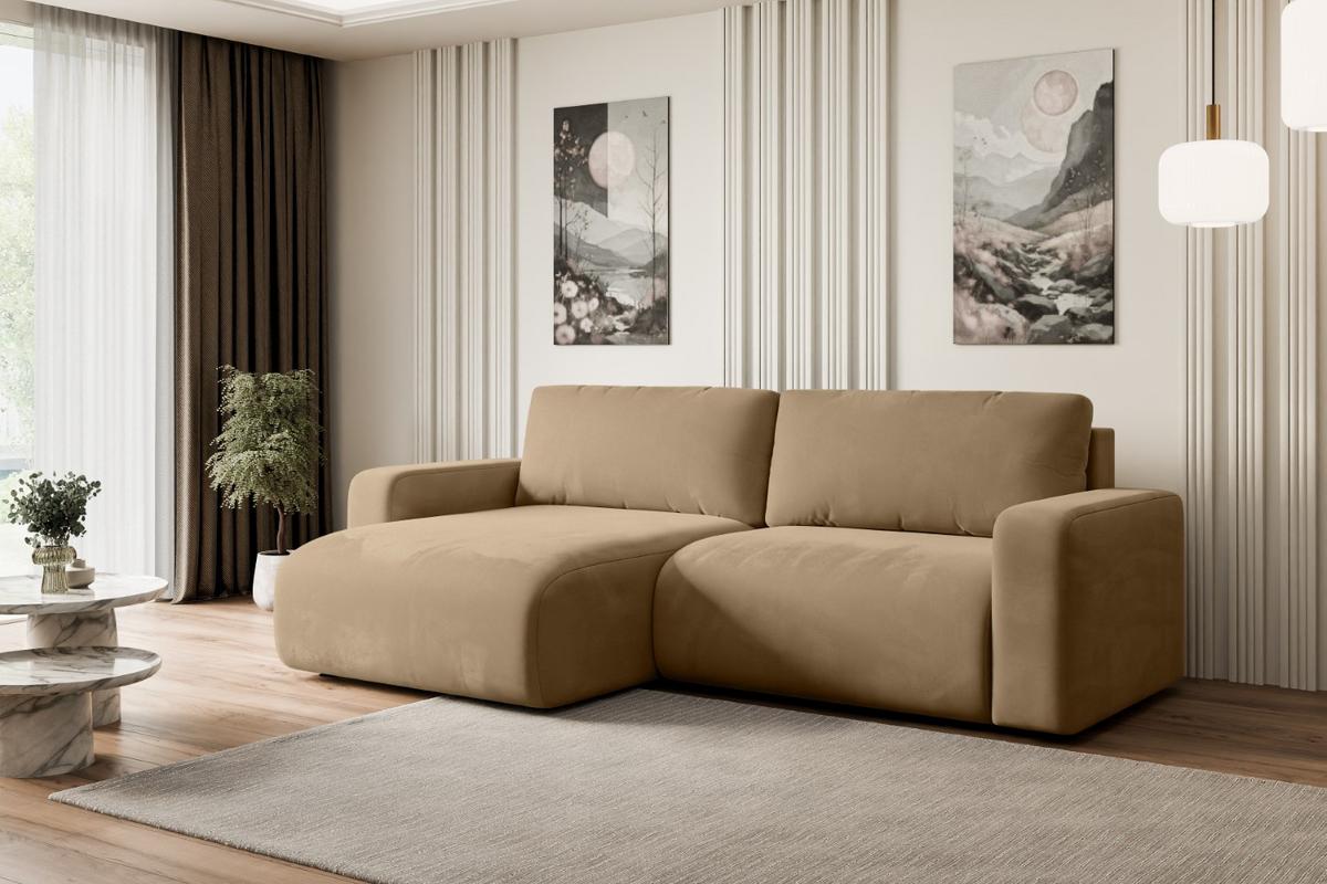 ECKSOFA mit Schlaffunktion und Bettkasten KLEEA-L - 247x143x83 cm Beige Velours - Beige/Schwarz, Holzwerkstoff/Kunststoff (247/143cm) - ALTDECOR