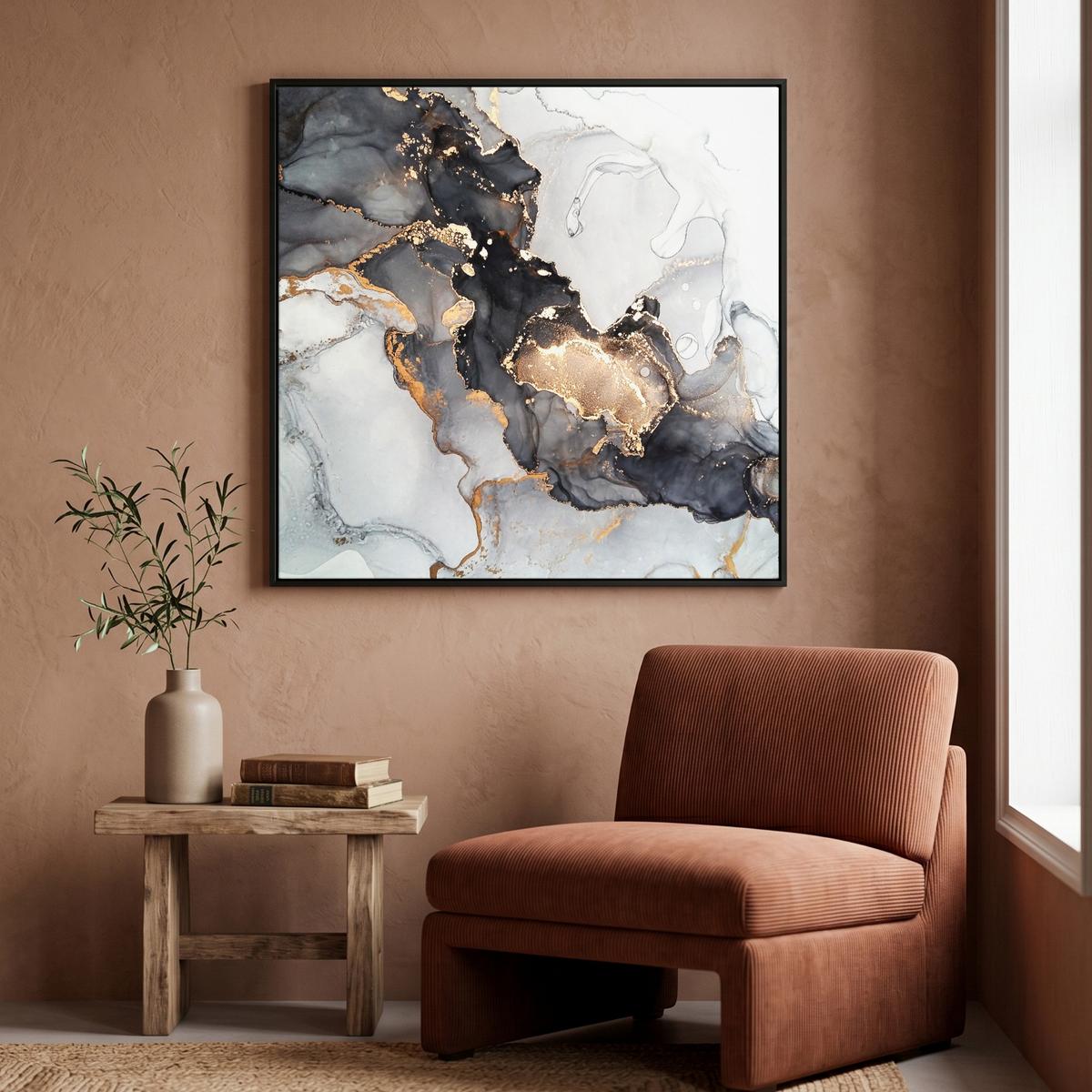 LEINWAND Bilder mit Rahmen - Marmor - Schwarz - Weiß - Gold - Luxus - Abstrakt - 90x90 - Goldfarben, Textil (90/90cm) - MuchoWow