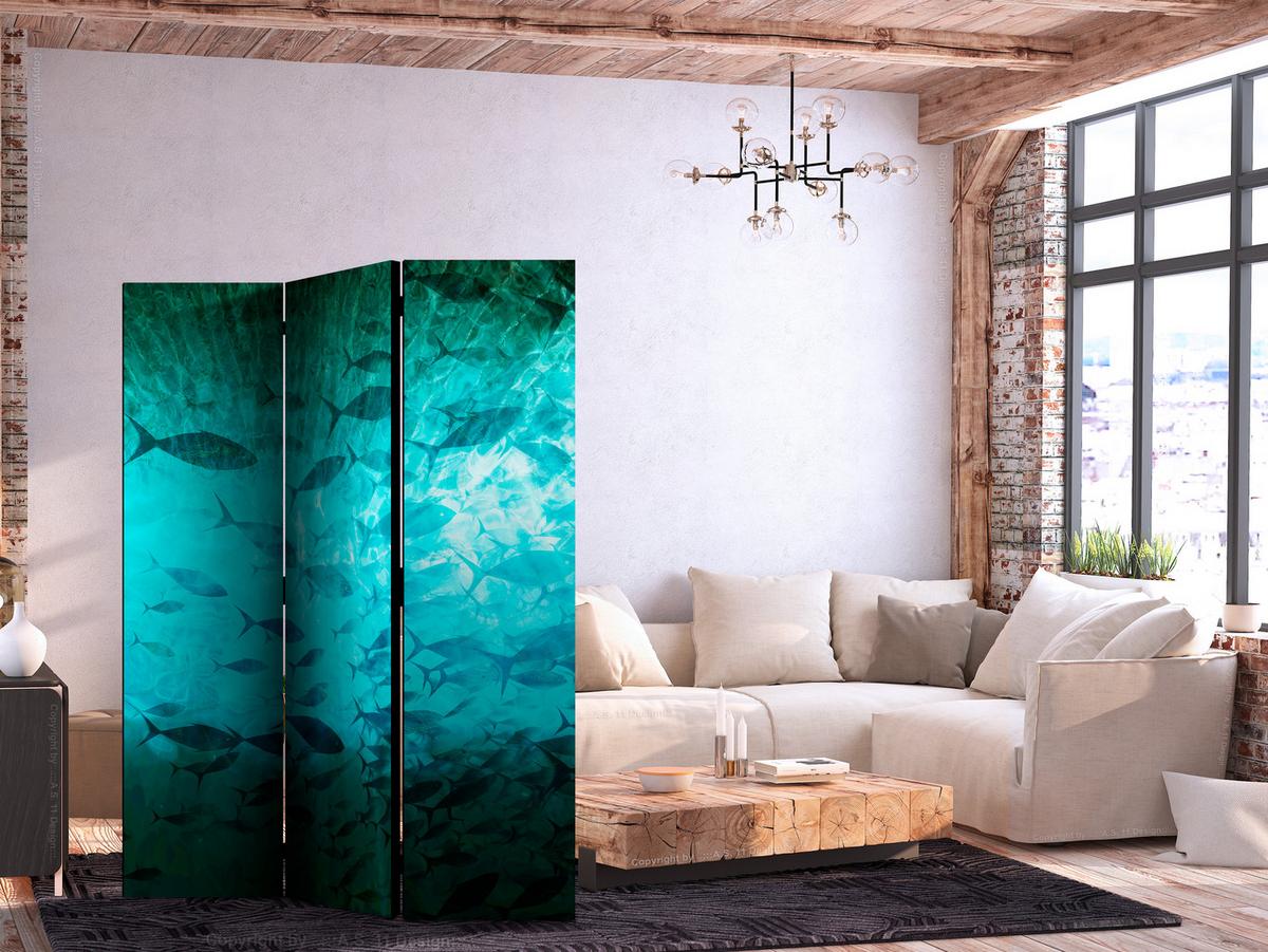 PARAVENT Beidseitig Bedruckter 3-tlg 135x172 cm Fischschwarm Natur - Blau, Holz/Textil (135/172/3cm) - Muralo