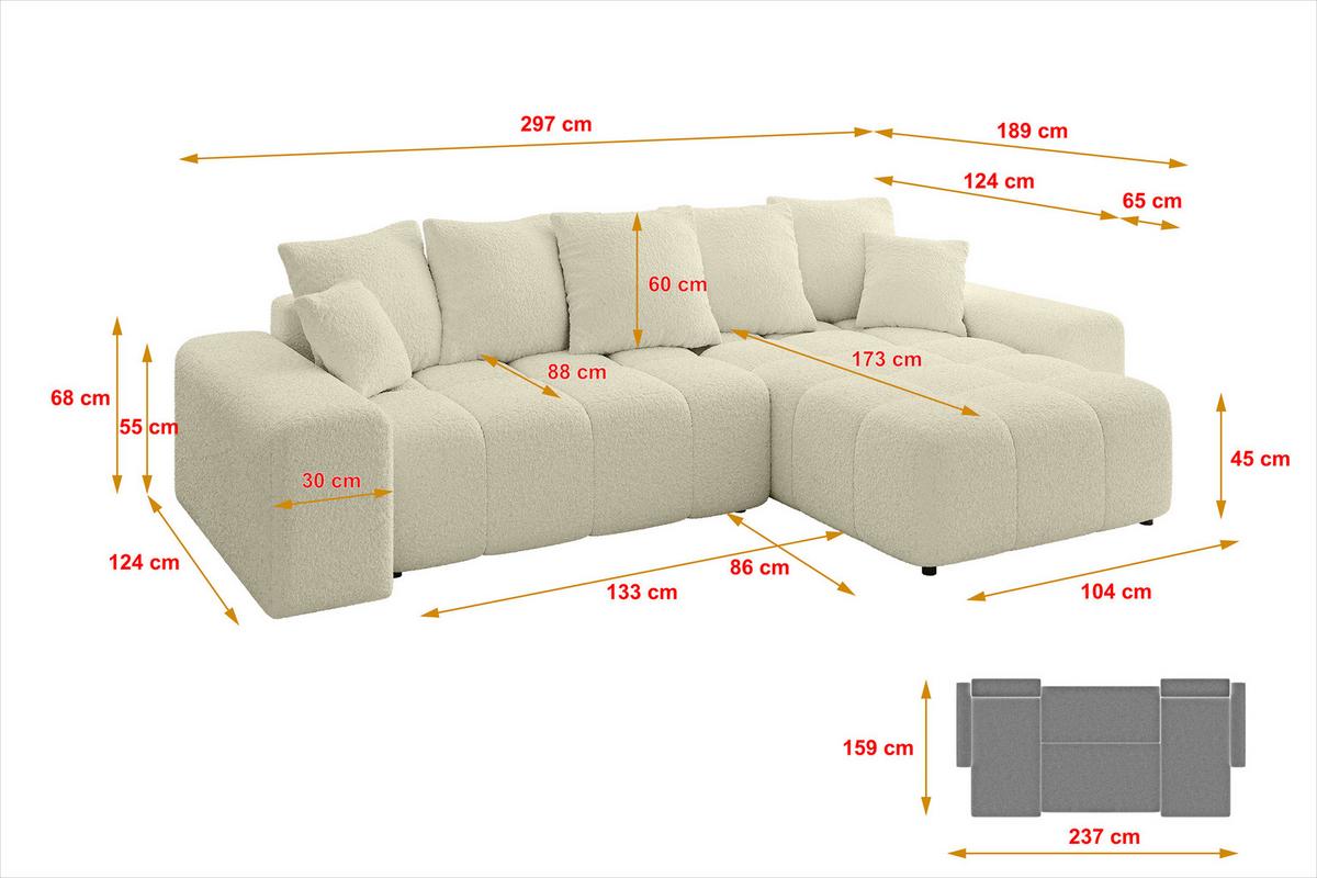 ECKSOFA Ottomane rechts ENIL-L 297x189x68 Beige Bouclé - Hellbraun/Creme, Holzwerkstoff/Kunststoff (189/297cm) - ALTDECOR
