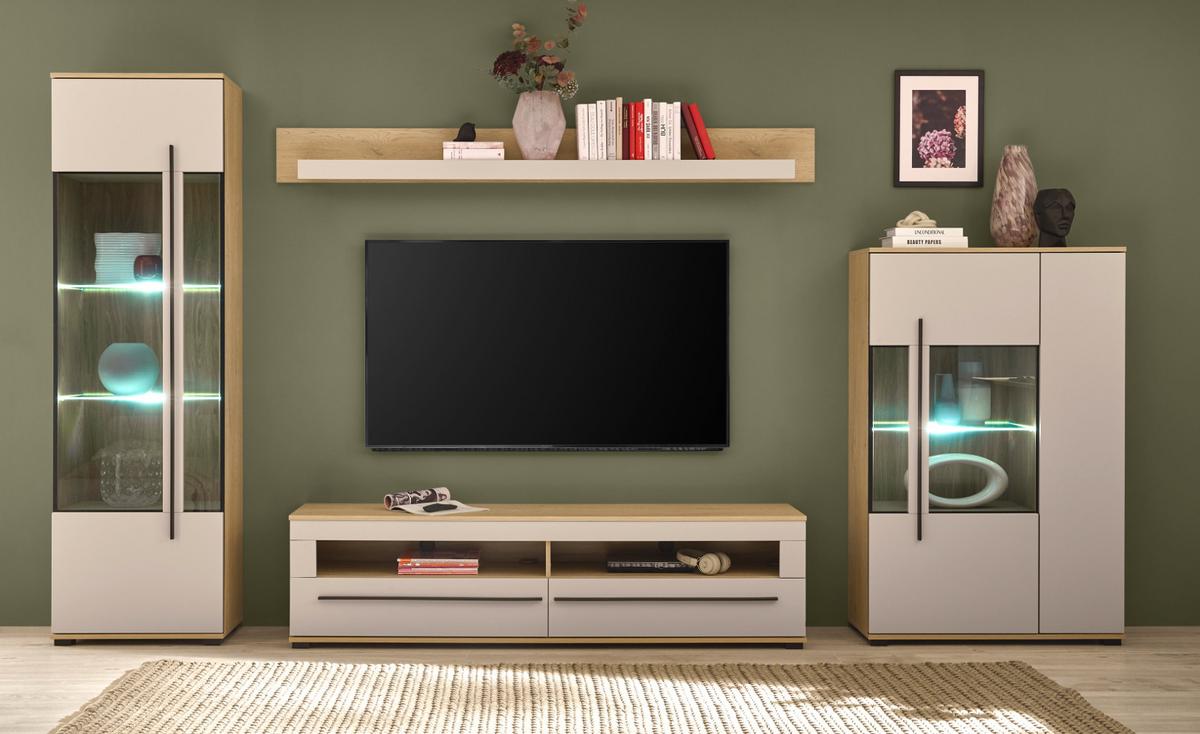 WOHNWAND Kaschmir, Eiche 4-teilig 350 cm, Wohnzimmer-Set mit Soft-Close - Kaschmir/Eichefarben, Glas/Holzwerkstoff (350/200/42cm) - Furn.Design