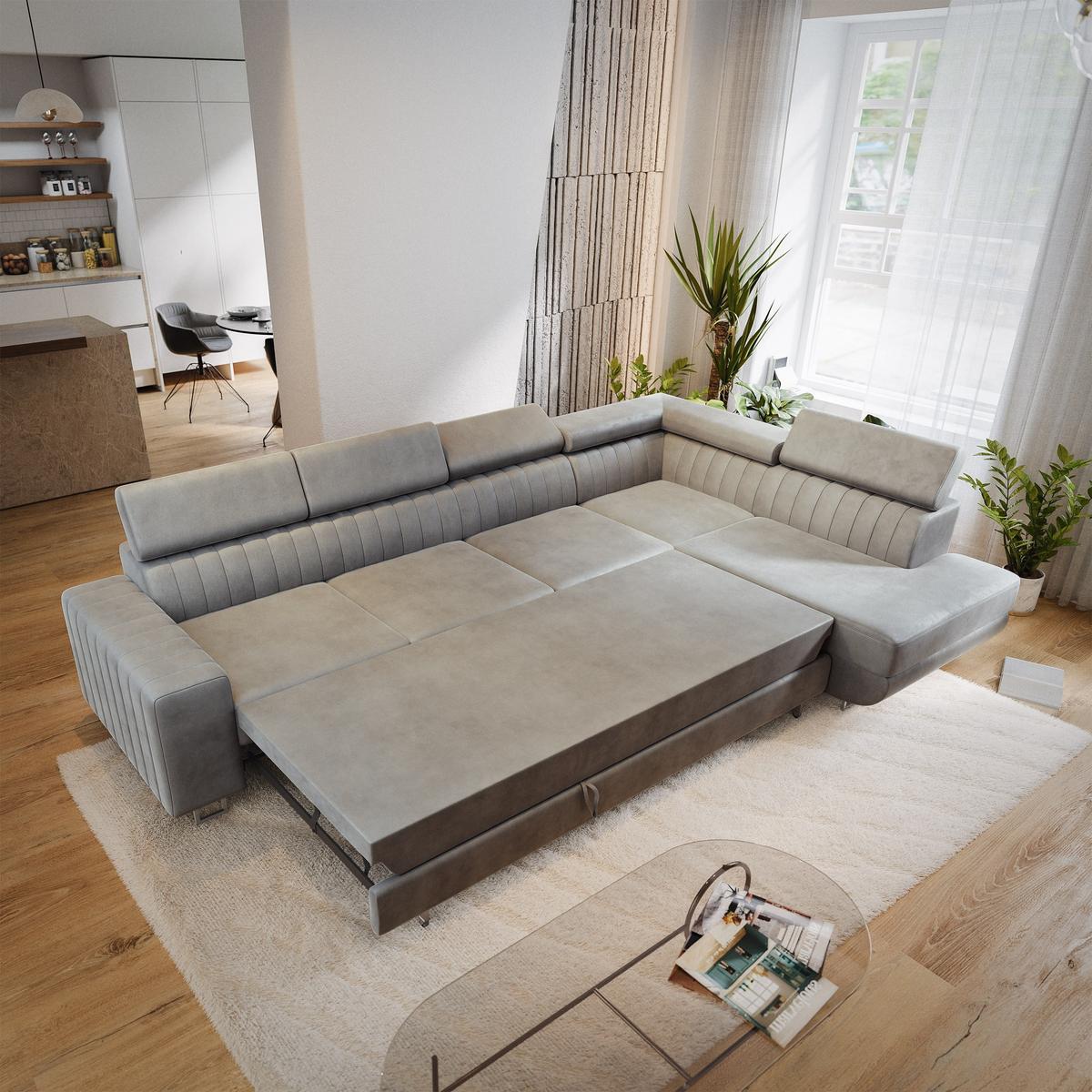 ECKSOFA HESTION Hellgrau Velours-Stoff mit Schlaffunktion - Hellgrau, Holz (332/190cm) - MASSENO