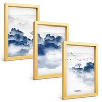 BILDER SET 3er Set - 20x30 cm Goldrahmen - Berge, Wolken, Bäume, Vögel - Goldfarben, Kunststoff (20/30cm) - TULUP