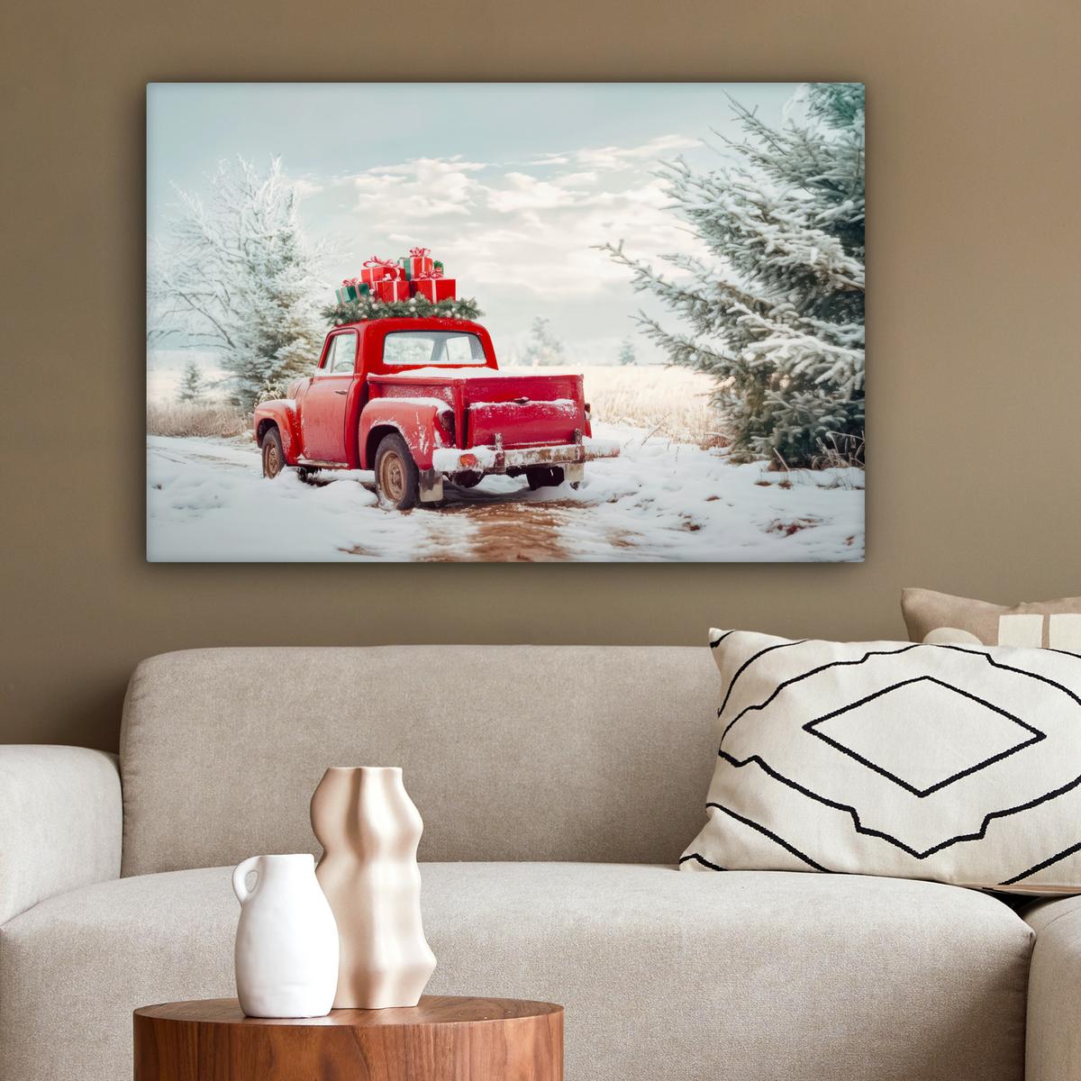 LEINWANDBILD Auto - Rot - Geschenke - Winter - Schnee - Weihnachten Gemälde 60x40 cm - Rot, Textil (60/40cm) - MuchoWow