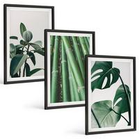 BILDER SET 3er Set - 40x60 cm Schwarzer Rahmen - Bambusstängel und Monstera-Blätter - Schwarz, Kunststoff (40/60cm) - TULUP