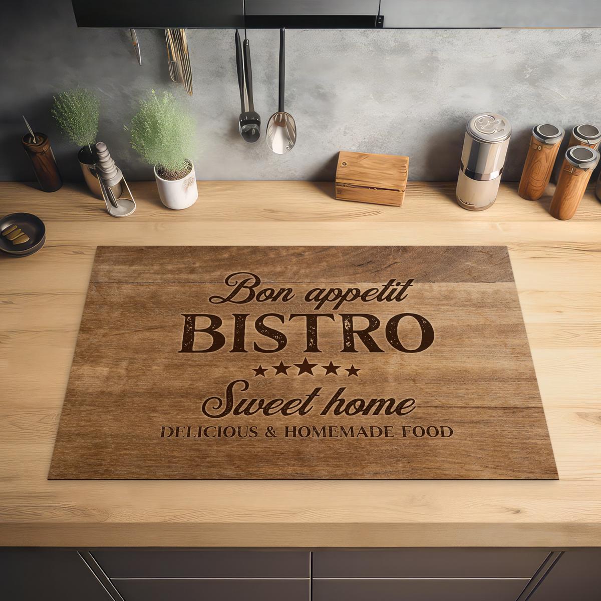 HERDABDECKPLATTE Zitat - Bistro - Guten Appetit - Süßes Zuhause - Holzmaserung Ceranfeldabdeckung 80x52 cm - Braun, Kunststoff (80/52/0.2cm) - MuchoWow