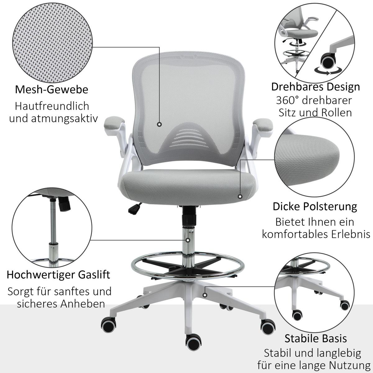 BÜROSTUHL Ergonomischer Schreibtischstuhl mit Hochklappbaren Armlehnen Netz - Hellgrau, Kunststoff (60/126/64cm) - Vinsetto