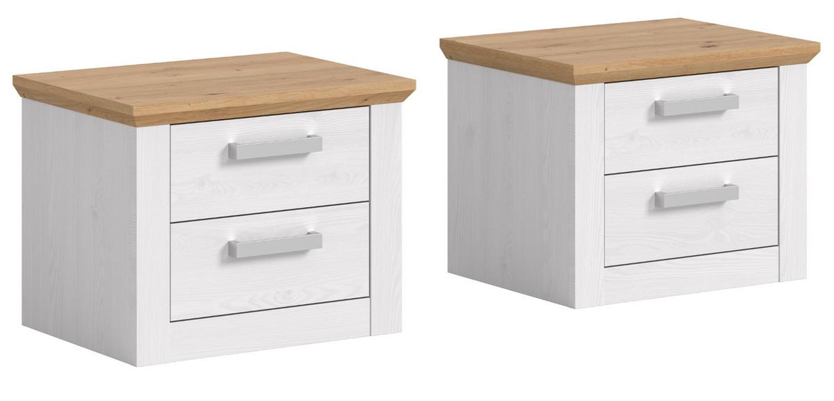 NACHTTISCH 2er Set weiß Lärche, Eiche Artisan Landhaus 56 x 43 cm, 2x Nachtkommode mit Schubkästen - Eichefarben/Silberfarben, Holzwerkstoff/Kunststoff (56/43/39cm) - Inn.Furn