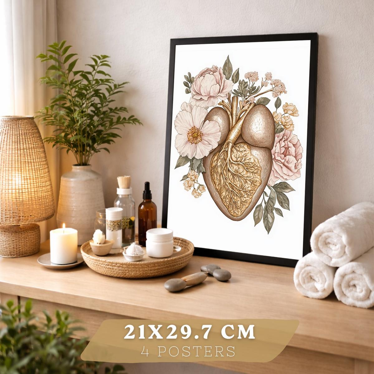 POSTER Set aus 4 Körper Anatomie Drucke mit Gehirn Herz Lungen Luftröhre Bronchien Nieren Verdauungssystem Magen Darm Größe Schwarzer Rahmen A4 - Schwarz, Papier (21/29.7/3cm) - Nacnic