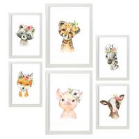 POSTER Set Mit 6 Blumentiere Weißer Hintergrunddruck Mit Baby Tiermotiven Im Pastell Aquarell Stil Innenarchitektur A3 & A4 Weißer Rahmen - Weiß, Papier (29/3cm) - Nacnic