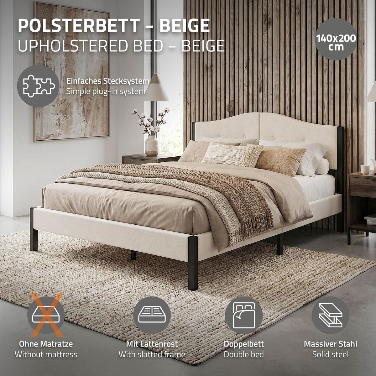 POLSTERBETT 140x200 cm Beige mit Lattenrostund Leinenstoff - Beige, Holzwerkstoff/Textil (140/200cm) - ML-DESIGN