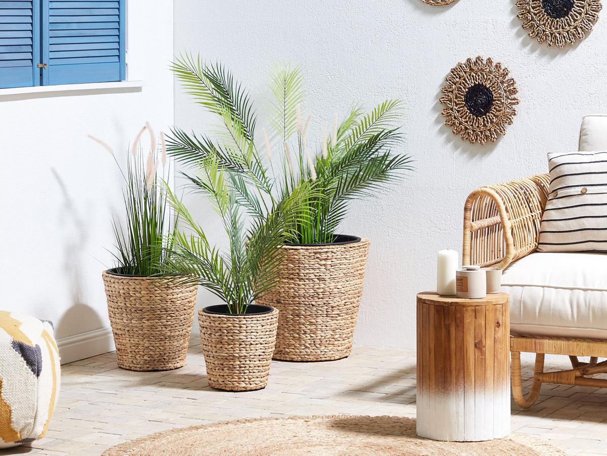 BLUMENTOPF 3er-Set Wasserhyazinthe natürlich rund 49-35/37-26/29-21 cm Plaka - Beige/Schwarz, Naturmaterialien (47cm) - Beliani