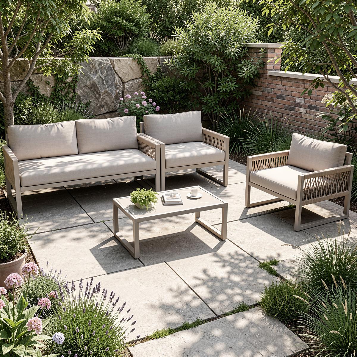 LOUNGEGARNITUR 4-tlg Khaki Metall & Seil Outdoor Sofaset mit 2 Sesseln, Sofa & Glastisch - Sandfarben, Metall - Urban Meuble