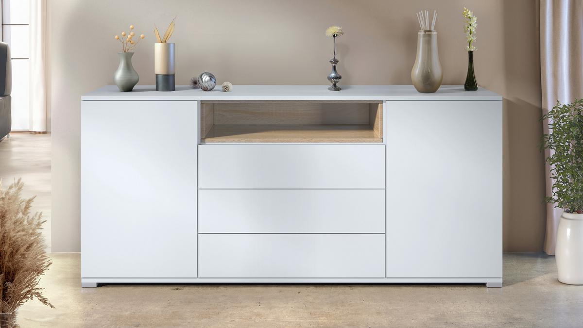 SIDEBOARD Skadu Eiche sägerau - Hellbraun/Weiß, Holzwerkstoff (166.5/75.5/35cm) - Vladon