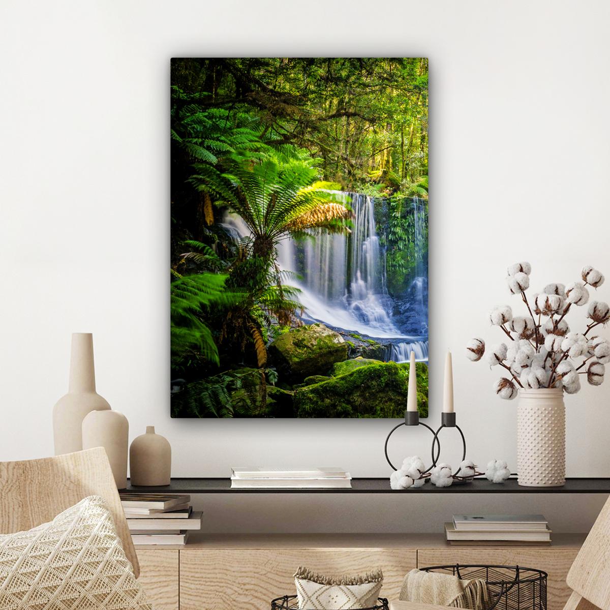 LEINWANDBILD Dschungel - Wasserfall - Australien - Pflanzen - Natur Wandbild Wohnzimmer 60x80 cm - Dunkelgrün, Textil (60/80cm) - MuchoWow