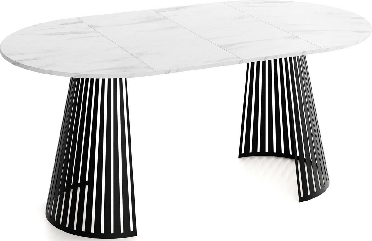 ESSTISCH Naro rund ausziehbar mit Schwarzem Lamellen-Metallgestell, Marmor Weiß 100-180/100/76 cm - Ecru/Schwarz, Holzwerkstoff/Metall (100/176/76cm) - WFL GROUP