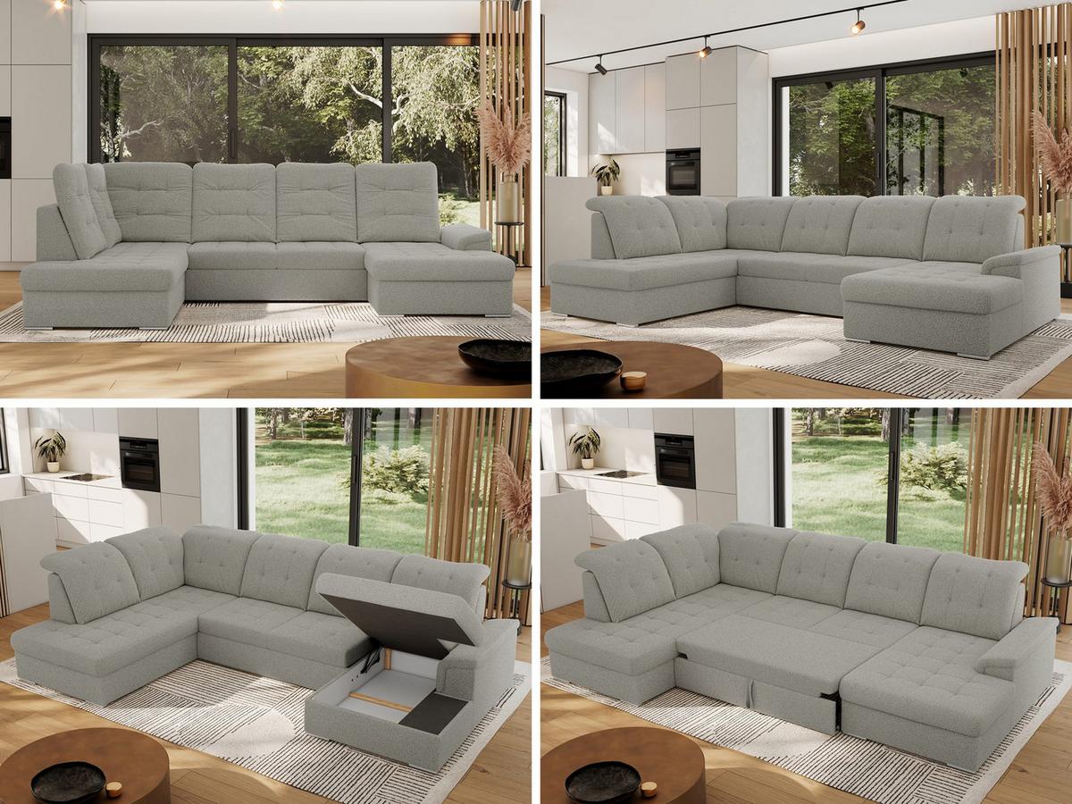 WOHNLANDSCHAFT MADRITO U - Hellgrau Boucle - Links - Silberfarben/Hellgrau, Textil/Metall (204/89/323cm) - MKS