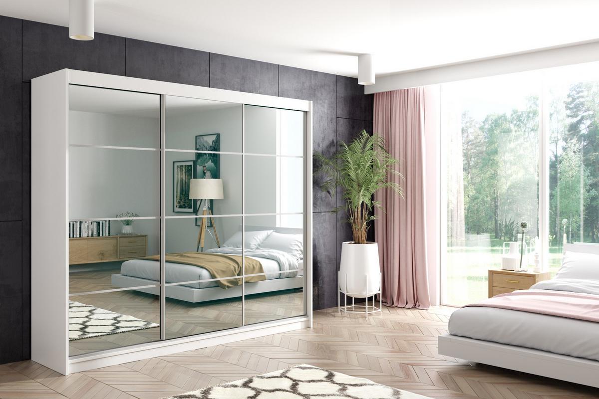 KLEIDERSCHRANK mit Spiegel-Schiebetüren und Aluminium-Leisten - VIVONA - 240 cm Weiß - Weiß, Holzwerkstoff (240/216/61cm) - ALTDECOR