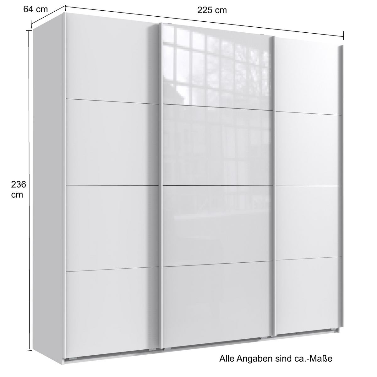 SCHWEBETÜRENSCHRANK 3-türig B225/H236/T64 cm extrahoch in Weiß, Kleiderschrank mit einer Glasfront-Tür in Weiß, / 22542 - Goldfarben/Weiß, Holzwerkstoff/Metall (225/236/64cm) - luma-home