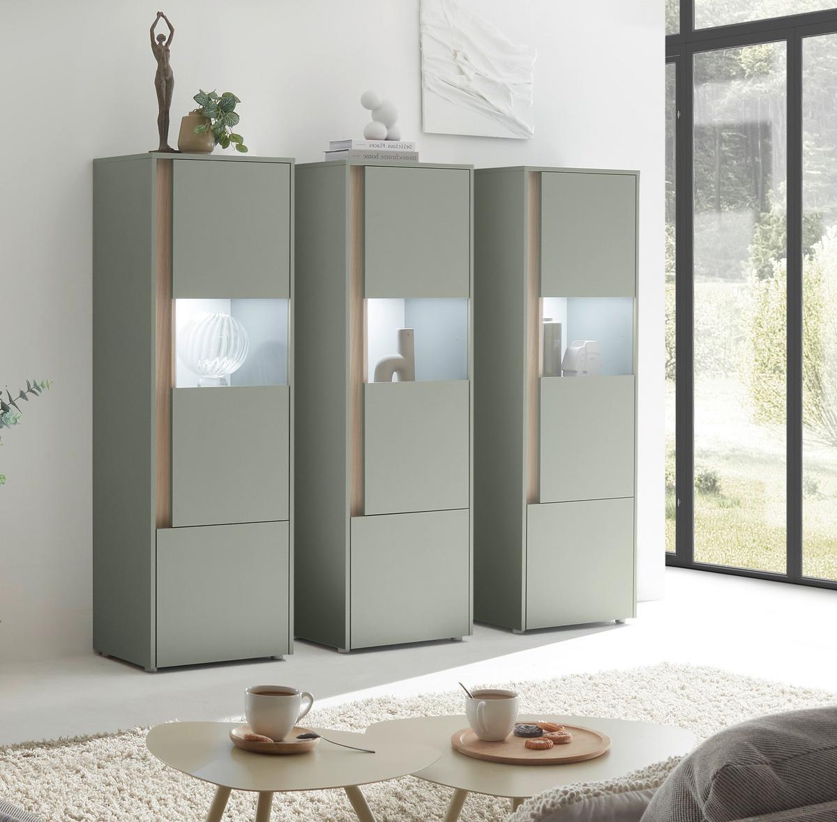 SCHRANK-SET Salbei grün, Barista Eiche 190 cm, Vitrinen-Set mit 3x Vitrine je 50x 155 cm - Salbeigrün/Eichefarben, Glas/Holzwerkstoff (190/155/40cm) - Furn.Design