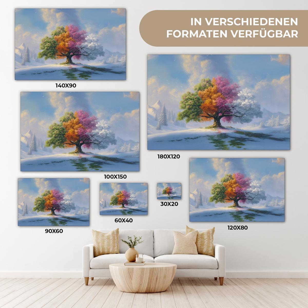 LEINWANDBILD Baum - Jahreszeiten - Winter - Landschaft Groß 140x90 cm - Multicolor, Textil (140/90cm) - MuchoWow