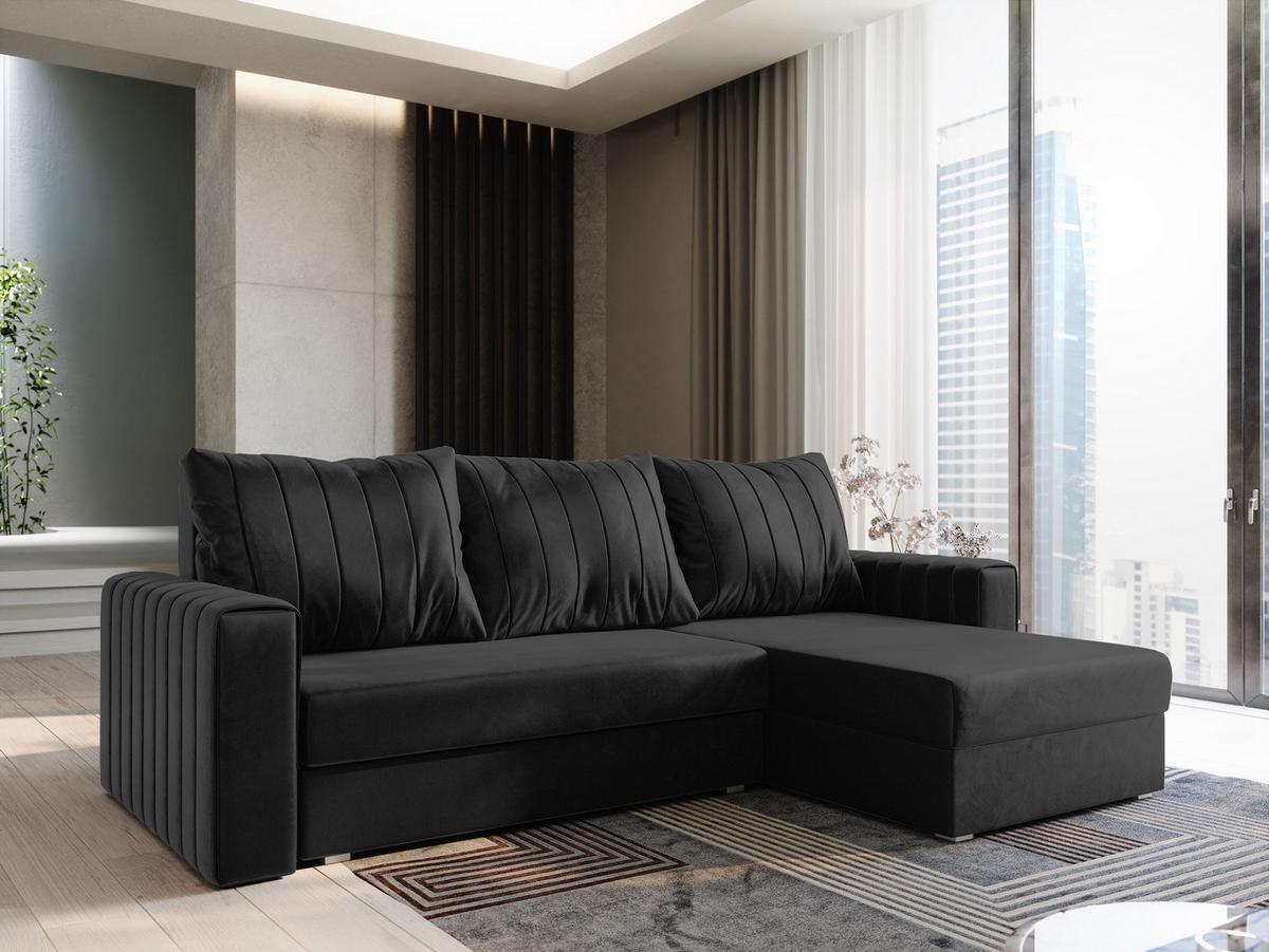 ECKSOFA CARL Schwarz Plüsch-Stoff mit Schlaffunktion - Schwarz/Grau, Holz/Kunststoff (236/150cm) - MASSENO