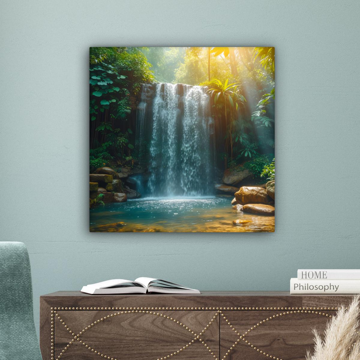 LEINWANDBILD Wasserfall - Dschungel - Sonne - Grün - Natur Wandbild Wohnzimmer 50x50 cm - Grün, Textil (50/50cm) - MuchoWow
