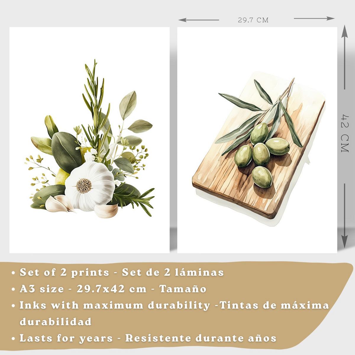 POSTER 2er Set Küchen-Wandbilder Knoblauch Kräuter und Oliven Mediterranes Aquarell Esszimmer Wanddeko Rahmenlos A3 - Schwarz, Papier (29.7/1/42cm) - Nacnic
