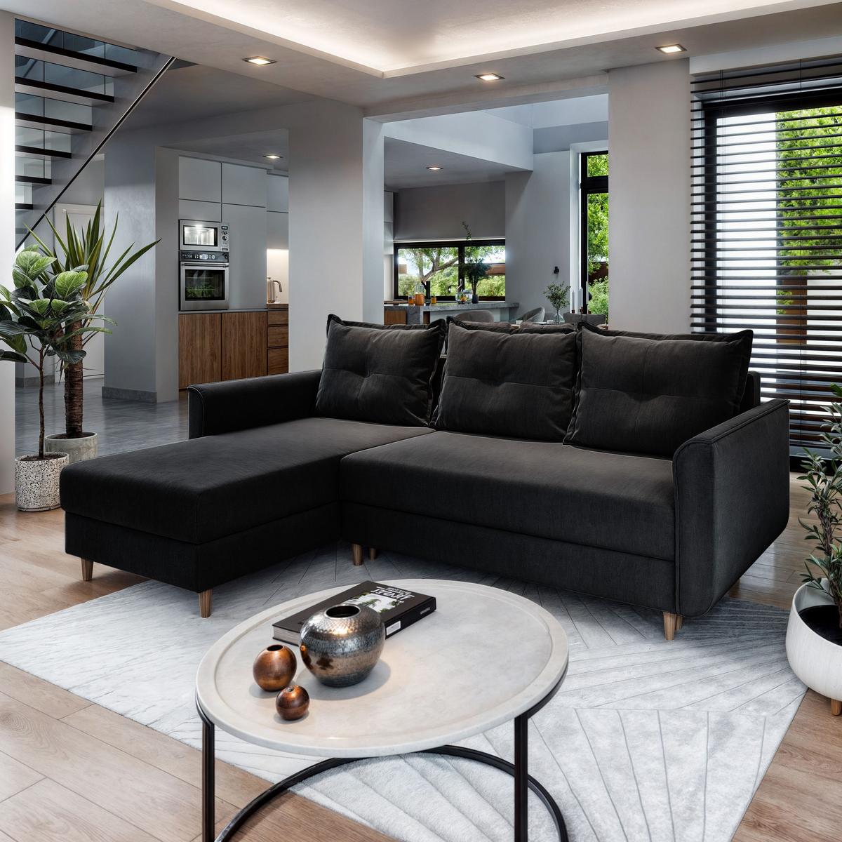 ECKSOFA PISAN L-S Schwarz Plüsch-Stoff mit Schlaffunktion - Schwarz/Braun, Holz/Textil (220/140cm) - MASSENO