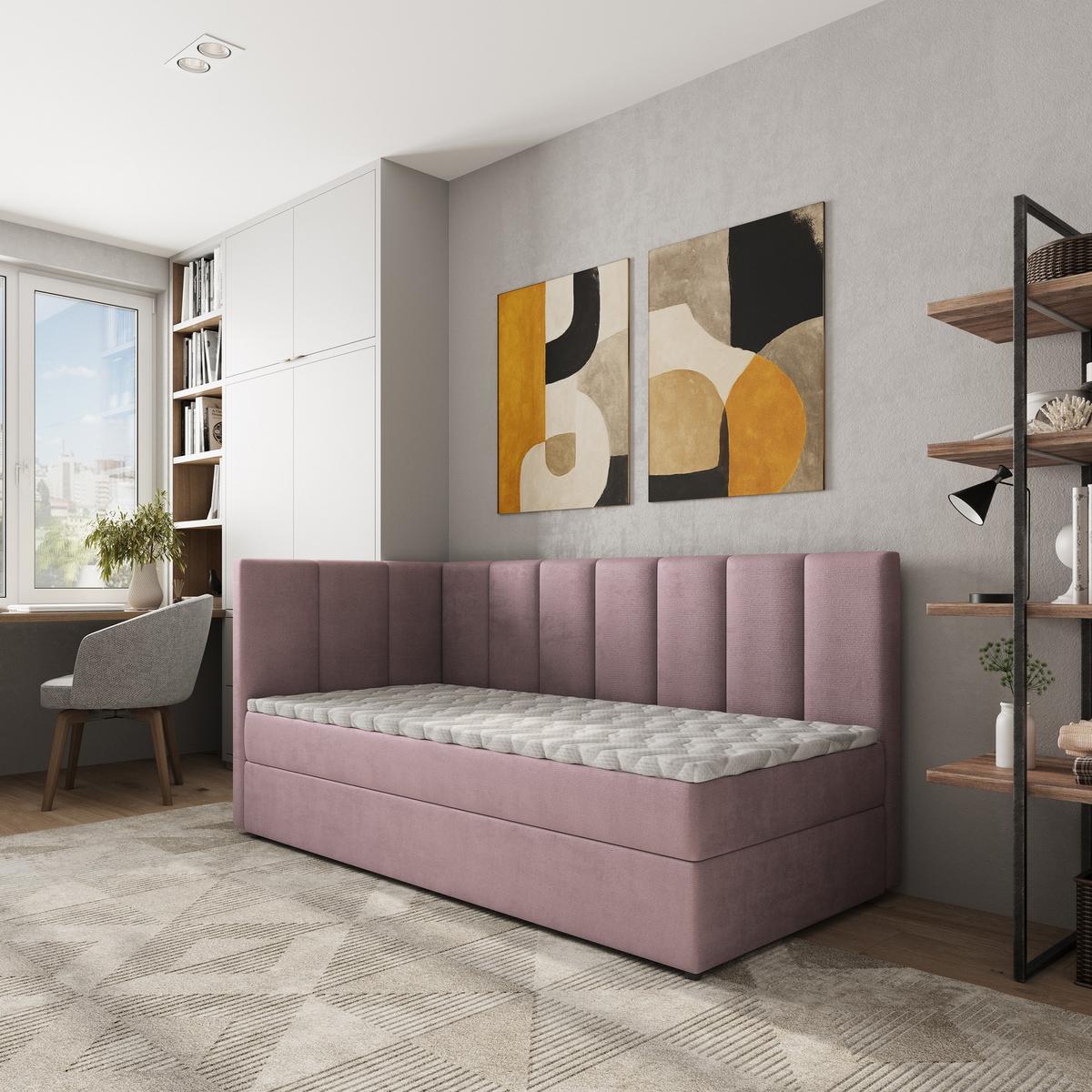BOXBETT BEVE 90x200 cm mit Matratze und Topper, H2+H3 - Rosa - Rosa, Holz (90/200cm) - MASSENO