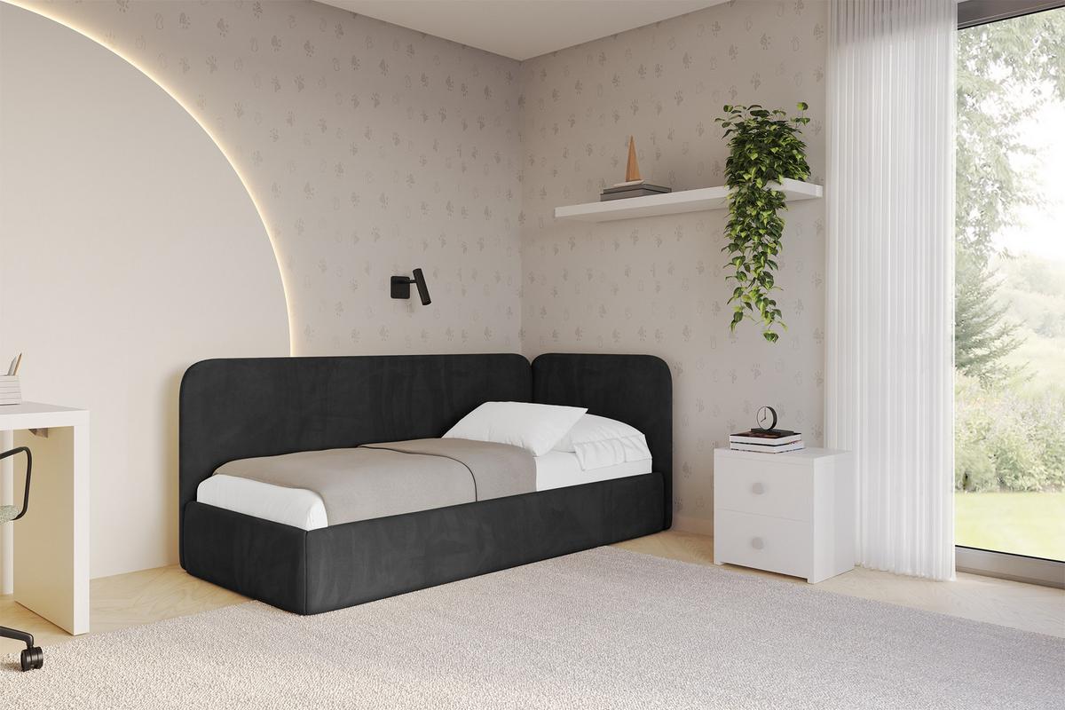 EINZELLBETT Jugendbett mit Bettkasten und Matratze H3/H4, Links - ELSY 80x200 Schwarz - Schwarz, Holzwerkstoff/Textil (80/200cm) - ALTDECOR