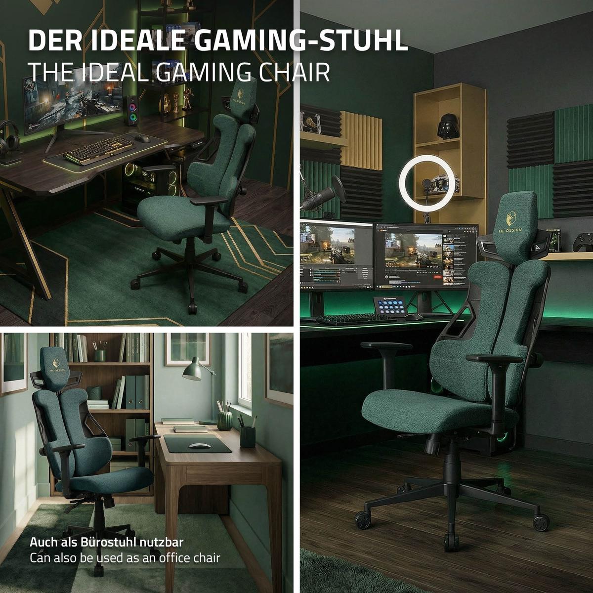 GAMINGSTUHL mit Stoffbezug in Grün Individuell Einstellbar - Schwarz/Grün, Kunststoff/Textil (69/142/68cm) - ML-DESIGN