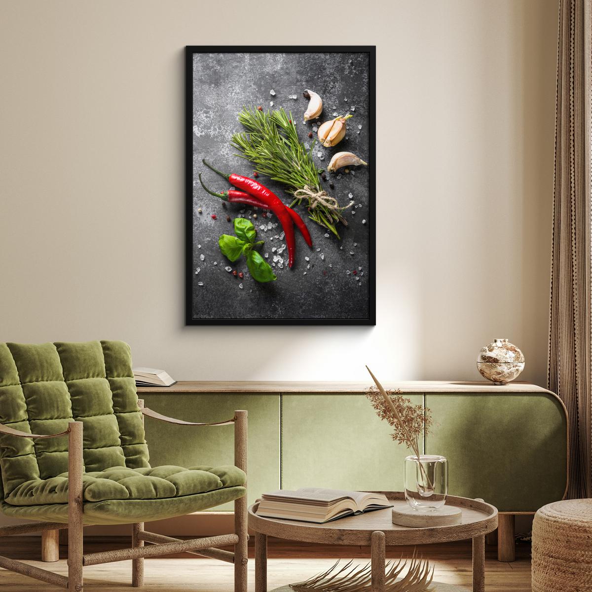 POSTER MIT RAHMENGERAHMTES BILD Pfeffer - Kräuter - Gewürze - Beton 60x90 cm - Dunkelgrau, Papier (60/90cm) - MuchoWow