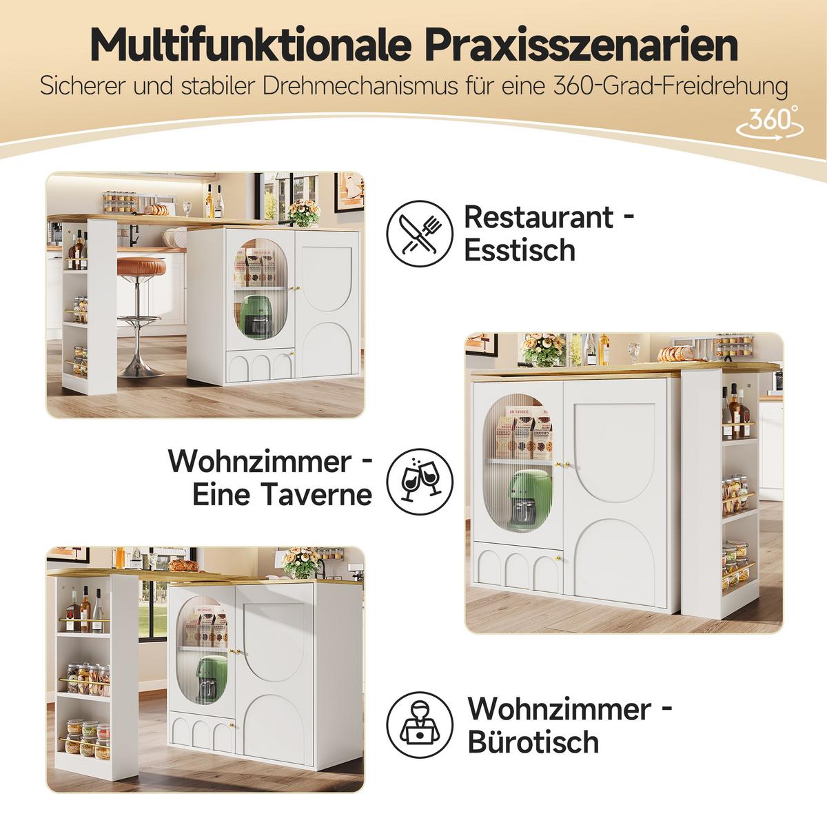 BARTISCH mit Stauraum Weiß Holzoptik 204 cm drehbar - Weiß, Glas/Holzwerkstoff (73/138/93cm) - Urban Meuble
