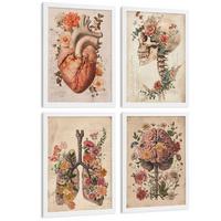 POSTER Set aus 4 Vintage Anatomie Drucke und Wandbilder mit Blumen Herz Lungen Schädel und Gehirn Medizinische Wanddekoration Größe Weißer Rahmen A4 - Weiß, Papier (21/29.7/3cm) - Nacnic