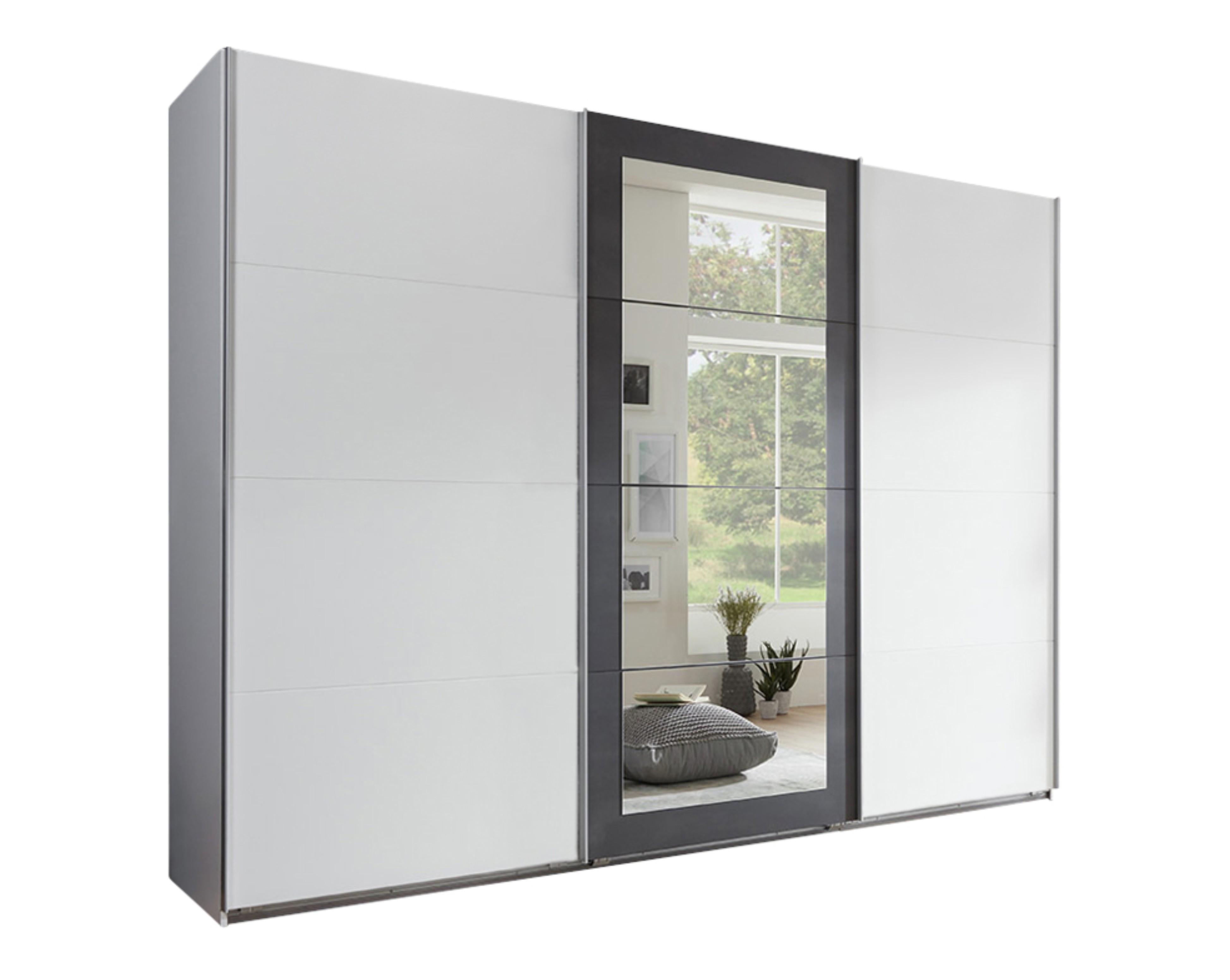 SCHWEBETÜRENSCHRANK 3-türig B270/H208/T65 cm, Kleiderschrank in Weiß mit Absetzungen in grauer Stahl-Optik / 22001 - Alufarben/Schwarz, Holzwerkstoff/Metall (270/208/65cm) - luma-home